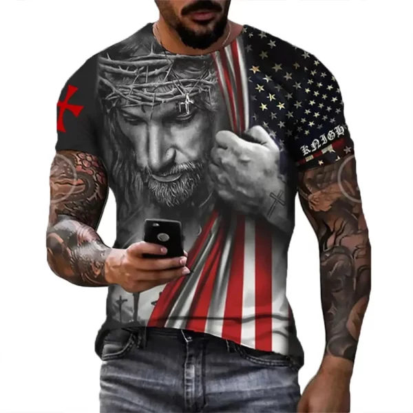 Jésus Christ croix 3d imprimé T-shirt hommes T-shirt Design classique décontracté à manches courtes surdimensionné rue mode t-shirts amples hauts – Image 4