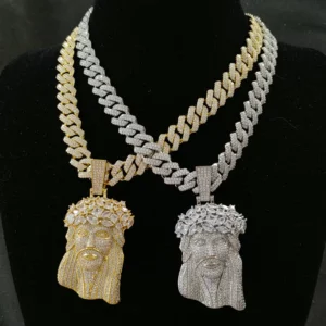 Hip Hop 5A + CZ pierre pavé Bling glacé grandes pièces de jésus pendentifs colliers pour hommes rappeur bijoux avec chaîne cubaine de 14MM