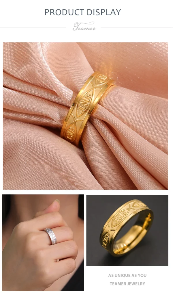 Teamer Bagues en acier inoxydable de poisson de Jésus pour les femmes et les couples, matiques de doigt larges, amulette de prière religieuse et chrétienne, cadeau de bijoux, nouveau – Image 12