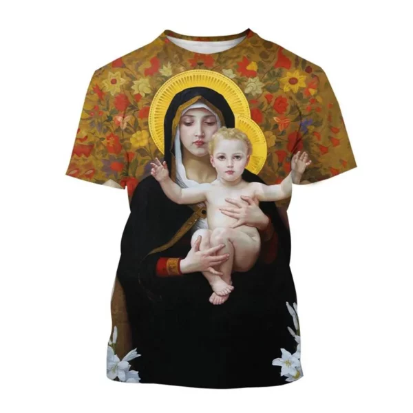 Vente chaude Vierge Marie 3D imprimé T-shirt Personnalité Christianisme Mère De Dieu Sainte Enfant T-shirts Décontracté à manches courtes T-shirt – Image 2