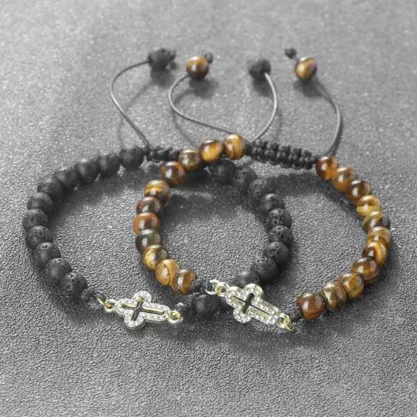 Bracelet tressé réglable en pierre naturelle de 6 mm avec pendentif croix creuse, symboles de l'harmonie spirituelle et des fées sacrées, cadeaux de yoga – Image 5
