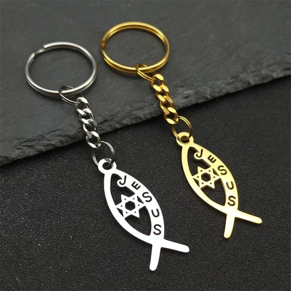 Ichthile-Clé Creuse en Acier Inoxydable pour Homme et Femme, Bijoux en Forme de Poisson de Jésus, Hexagramme Étoile de FC, K3535S02 – Image 4
