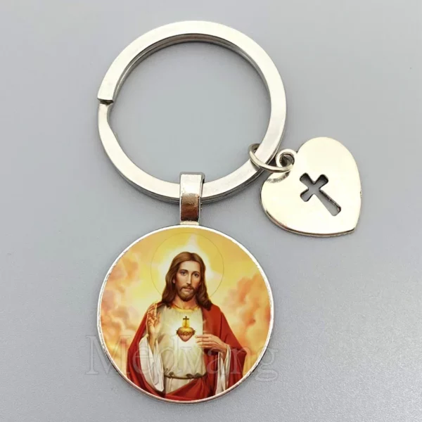 Porte-clés Jésus Sacré-Cœur Vierge Marie, porte-clés en verre breton, bijoux catholiques pour hommes et femmes, cadeaux – Image 16