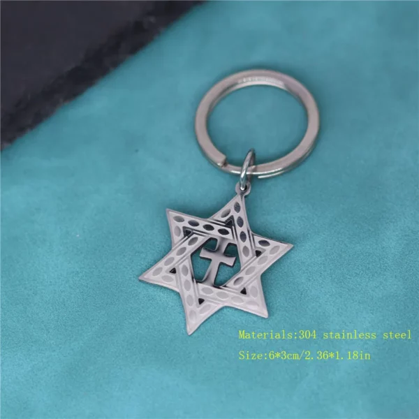 Porte-clés pendentif croix étoile de David, en acier inoxydable, pour hommes, amulette, Vintage, bijoux, cadeau – Image 6