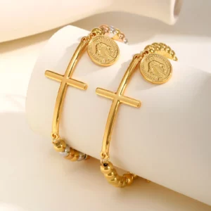 Bracelet à plaque ovale croix Saint benoît pour femmes, Bracelet à chaîne perlée tricolore, cadeau de bijoux étanche en acier inoxydable
