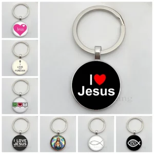 Porte-clés avec Logo I Love Jesus, motif de jésus, Cabochon en verre, porte-clés de voiture, bijoux religieux, cadeau de prière