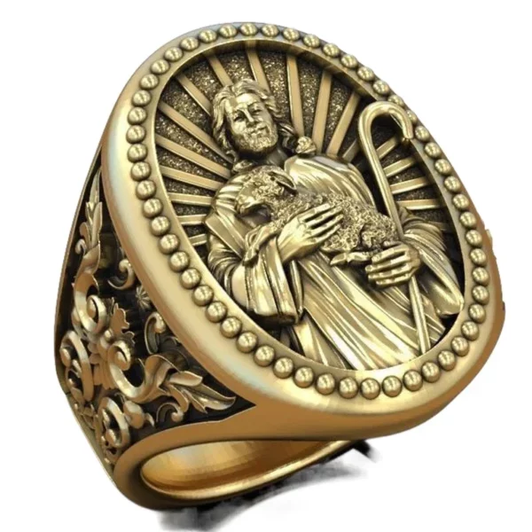 Bague d'instituts d'art religieux en argent regardé 925 massif, grand Jésus-Christ tenant un agneau, véritable bague personnalisée, 18g – Image 4