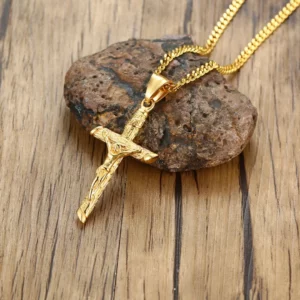 Collier croix en acier inoxydable pour hommes et femmes, pendentif Jésus, collier de document en or, catholique, prière d'église, bijoux de foi, cadeau