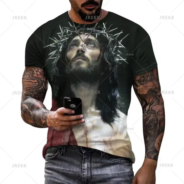T-shirt à manches courtes imprimé 3D pour hommes et femmes, vêtements de rue décontractés, vêtements vintage, impression graphique du Christ Jésus, pop et hip hop, été – Image 43