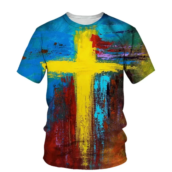 Croix jésus Style chrétien impression 3D mode décontracté hommes et femmes quotidien ample confortable grande taille col rond manches courtes T-shirt – Image 2