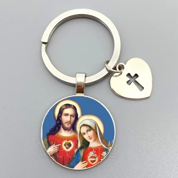 Porte-clés Jésus Sacré-Cœur Vierge Marie, porte-clés en verre breton, bijoux catholiques pour hommes et femmes, cadeaux – Image 3