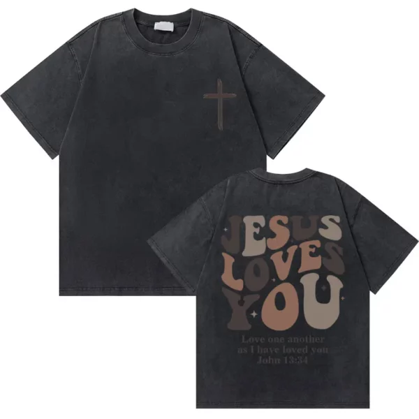 Lavé Vintage chrétien jésus bonnes nouvelles dieu vous aime verset de la Bible graphique T-shirts hommes femmes mode décontracté surdimensionné t-shirt – Image 20