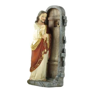 Figurine de Noël de Jésus frappant à la porte, collection faite à la main, matériau en résine pour la décoration britannique légère, 13cm
