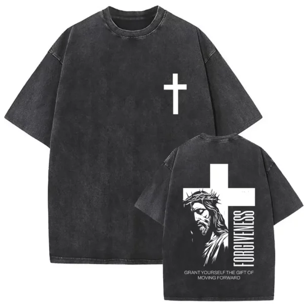 T-shirt délavé Vintage pour hommes et femmes, style religieux chrétien, jésus pardonne le père, gothique Rock, surdimensionné, Streetwear – Image 25