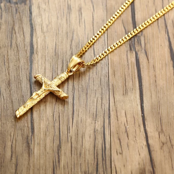 Collier croix en acier inoxydable pour hommes et femmes, pendentif Jésus, collier de document en or, catholique, prière d'église, bijoux de foi, cadeau – Image 3