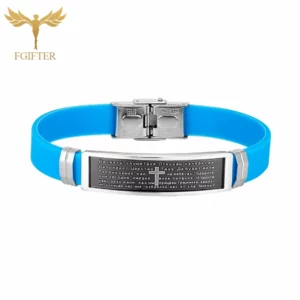 Prière biblique texte russe croix Bracelet acier inoxydable bleu caoutchouc 17/19/21 cm ceinture chrétienne femme mâle Bracelets Pulseras