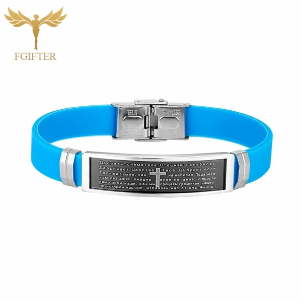 Prière biblique texte russe croix Bracelet acier inoxydable bleu caoutchouc 17/19/21 cm ceinture chrétienne femme mâle Bracelets Pulseras