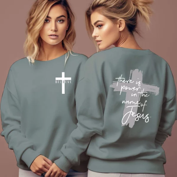Sweat-shirt de foi chrétienne pour femme, pull sans capuche, il y a du pouvoir dans le nom de Jésus, sweat à capuche avec lettre graphique, Faith Cross Female – Image 3