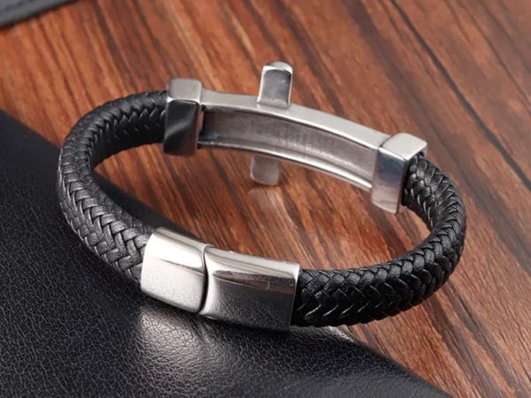 Bijoux croix Vintage en acier inoxydable, Crucifix tissé, Bracelet en cuir véritable, cadeau chrétien pour hommes – Image 10