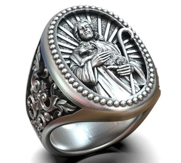 Bague d'instituts d'art religieux en argent regardé 925 massif, grand Jésus-Christ tenant un agneau, véritable bague personnalisée, 18g – Image 14