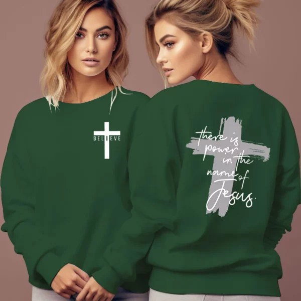Sweat-shirt de foi chrétienne pour femme, pull sans capuche, il y a du pouvoir dans le nom de Jésus, sweat à capuche avec lettre graphique, Faith Cross Female – Image 4