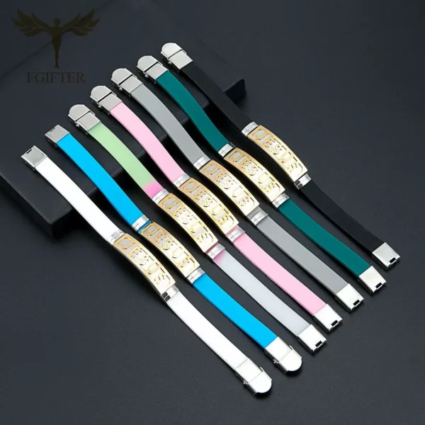 Bijoux chrétiens jésus bracelets doré en acier inoxydable manchette fermoir accessoires blanc Silicone bracelets hommes femmes Bracelet cadeaux – Image 6