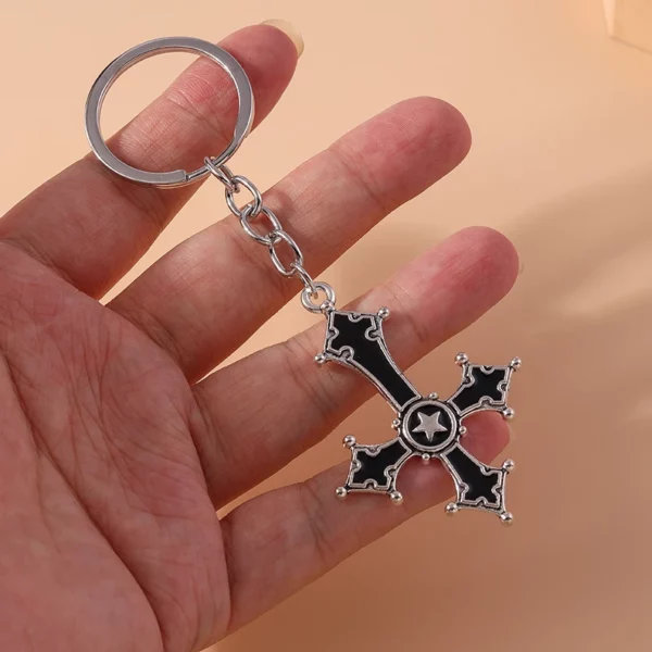 Aihua-Porte-clés croix inversée pour hommes et femmes, pentagramme Steampunk vintage, porte-clés de voiture, croix gothique SAFLucifer – Image 2