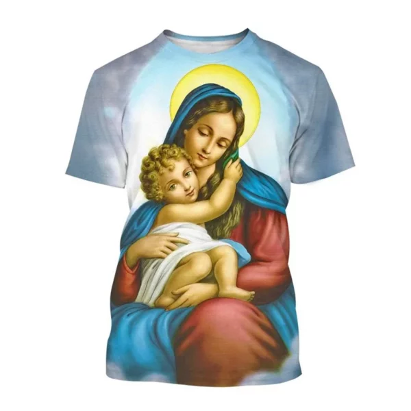 Vente chaude Vierge Marie 3D imprimé T-shirt Personnalité Christianisme Mère De Dieu Sainte Enfant T-shirts Décontracté à manches courtes T-shirt – Image 16