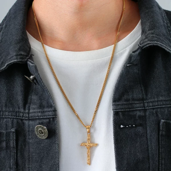 Collier croix en acier inoxydable pour hommes et femmes, pendentif Jésus, collier de document en or, catholique, prière d'église, bijoux de foi, cadeau – Image 6