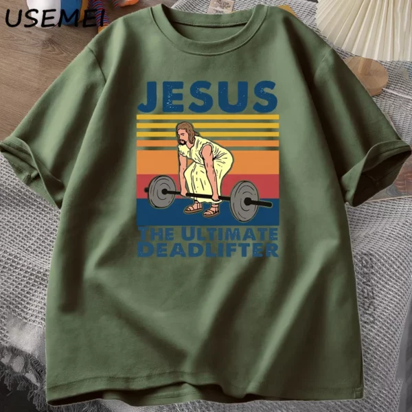 Jésus le dernier Deadlifter t-shirts foi religieuse gymnase T-shirt drôle coton T-shirt hommes Streetwear ample mâle vêtements – Image 4