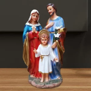Statue de la Sainte Famille avec figurine d'enfant, figurines de Marie Joseph, figurine de Jésus, art religieux à collectionner, table, voiture