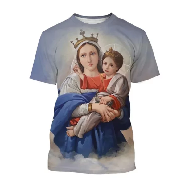Vente chaude Vierge Marie 3D imprimé T-shirt Personnalité Christianisme Mère De Dieu Sainte Enfant T-shirts Décontracté à manches courtes T-shirt – Image 15