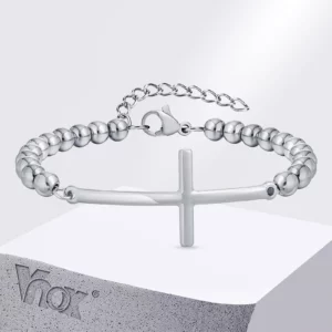 Vnox Bracelets simples à grande croix avec bracelets de perles en acier inoxydable brillant, chaîne de perles réglable, bijoux de foi religieuse pour hommes
