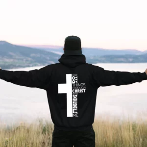 Sweat à capuche à manches longues pour hommes, thème de Jésus, croix chrétienne, imprimé document au dos, pull monochrome