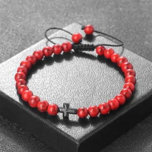 Bracelet de perles en pierre naturelle de 6mm, corde cirée réglable tissée avec pendentif croix en hématite, bijoux à breloques, cadeau pour femmes et hommes