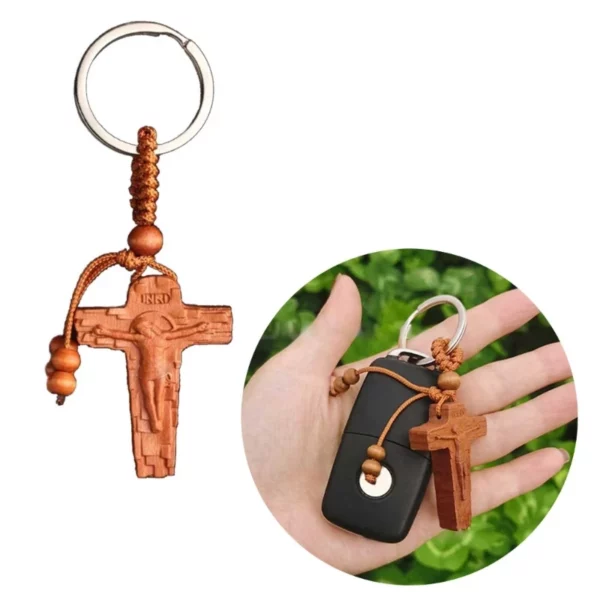 Porte-clés croix de Jésus en bois, décoration de sac, breloque de voiture, support prédire, pendentif fait main, cadeau religieux chrétien – Image 18