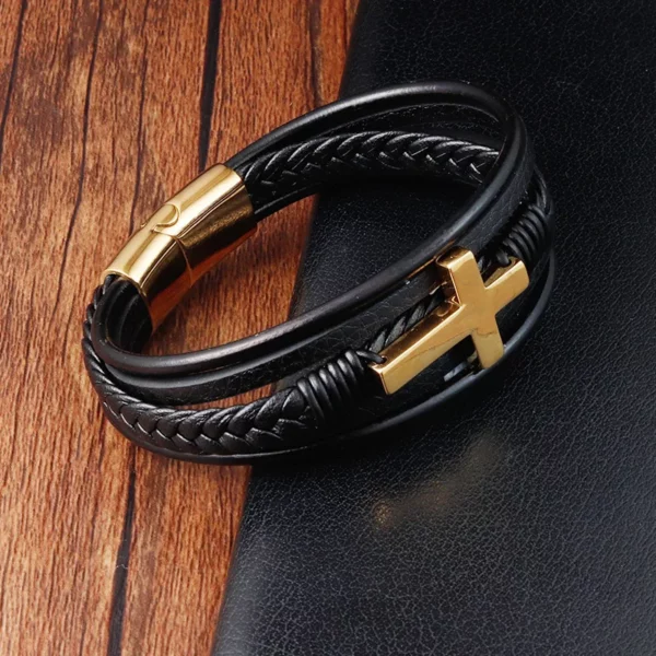Bracelet Vintage en cuir véritable pour hommes, en acier inoxydable, tissé, croix, multicouche, accessoire de bijoux, cadeau – Image 11
