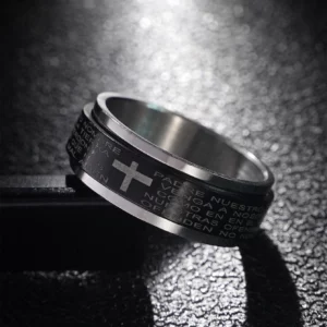 Bague Vintage croix catholique sainte Bible, anneau rotatif noir en acier inoxydable espagnol pour hommes et femmes, bijoux de décompression