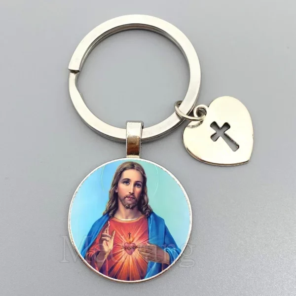 Porte-clés Jésus Sacré-Cœur Vierge Marie, porte-clés en verre breton, bijoux catholiques pour hommes et femmes, cadeaux – Image 8