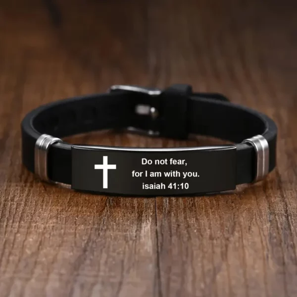 Bracelet verset de la Bible avec croix chrétienne, en acier inoxydable noir, Bracelets de foi inspirants pour hommes et femmes, bijoux – Image 3