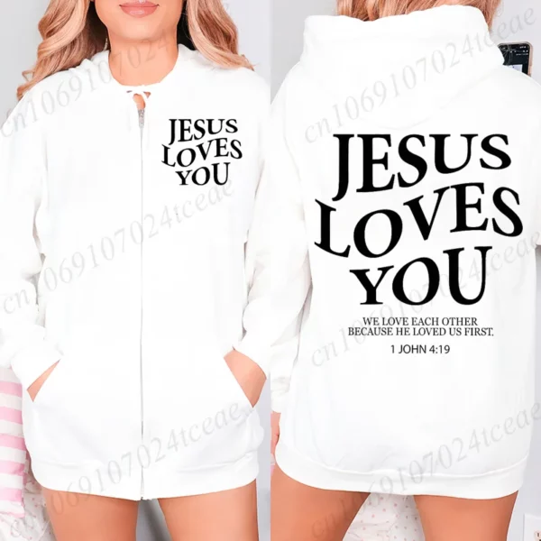 Jésus vous aime imprimé sweats zippés pour femmes manches longues col rond polaire sweats à capuche tendance pulls femme vestes à glissière – Image 3