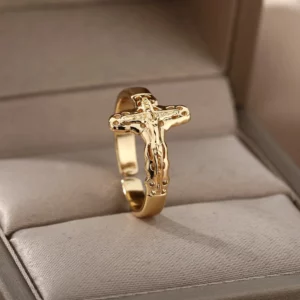 Bagues Vintage en forme de croix de jésus pour femmes et hommes, couleur or, en acier inoxydable, réglable, bijoux de fête religieuse, cadeau