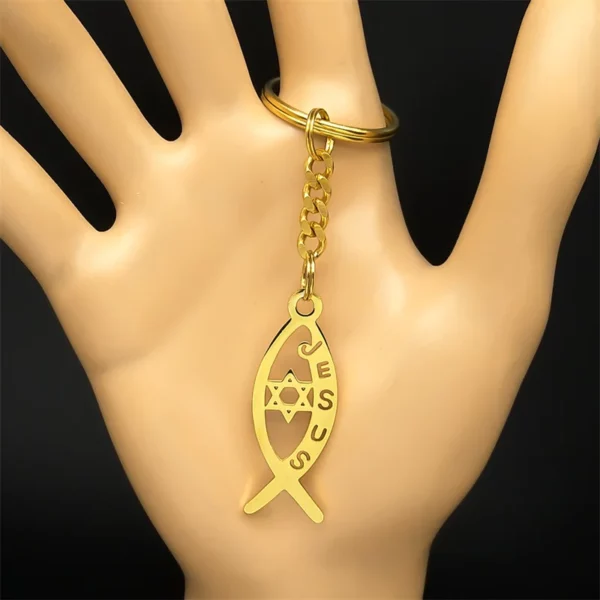 Ichthile-Clé Creuse en Acier Inoxydable pour Homme et Femme, Bijoux en Forme de Poisson de Jésus, Hexagramme Étoile de FC, K3535S02 – Image 8