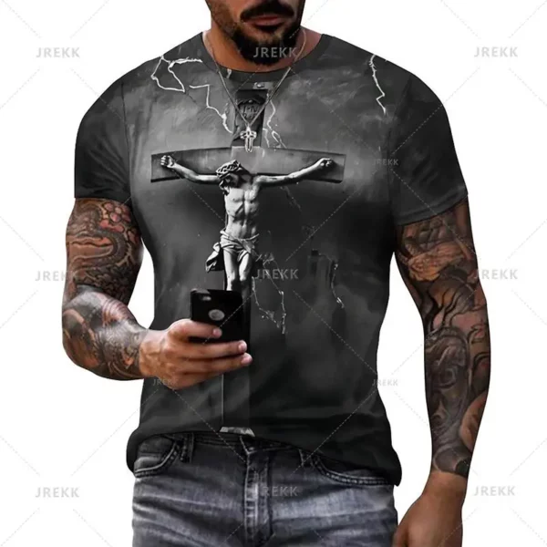 T-shirt à manches courtes imprimé 3D pour hommes et femmes, vêtements de rue décontractés, vêtements vintage, impression graphique du Christ Jésus, pop et hip hop, été – Image 37