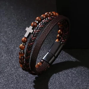 Bracelet en cuir multicouche Vintage pour hommes, Punk, breloque croisée, œil de tigre, perles en pierre, à la mode, tressé, bijoux