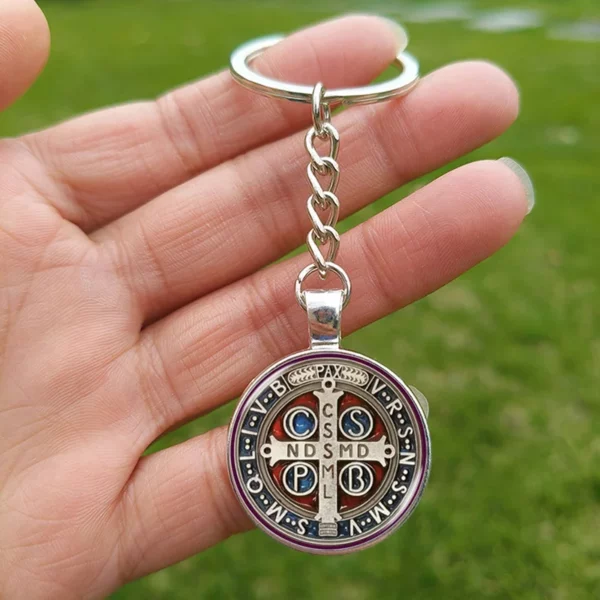 Porte-clés croix Saint benoît pour hommes, Cabochon en verre, pendentif catholique chrétien, porte-clés en métal, cadeau – Image 23