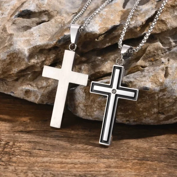 Vnox – colliers unisexes avec pendentifs croisés en acier inoxydable, collier croisé du Christ incrusté au centre de Zircon pour hommes et femmes, bijoux de foi – Image 3