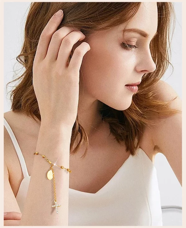Bracelet chapelet croisé en zircone cubique pour femmes, lien réglable Mary en acier inoxydable, cadeau de bijoux religieux – Image 10