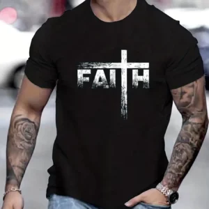 T-shirt à manches courtes et col rond pour hommes, 100% coton, imprimé foi, ample, grand, décontracté, été