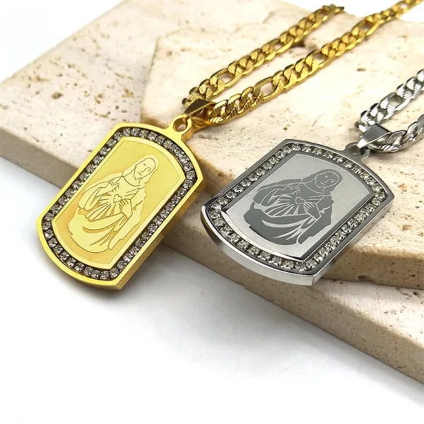 Collier pendentif coeur sacré jésus pour femmes et hommes, en acier inoxydable, strass, couleur or, amulette de foi, chaîne masculine, bijoux cadeaux – Image 9